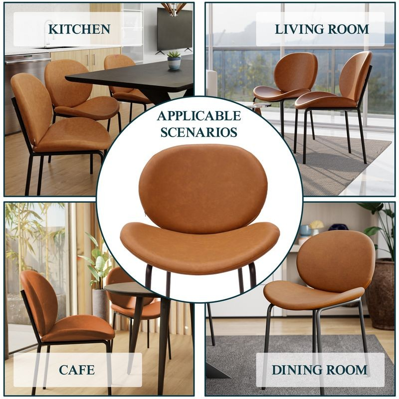 Brown chairs displayed in various settings including a kitchen, living room, cafe, and dining room.