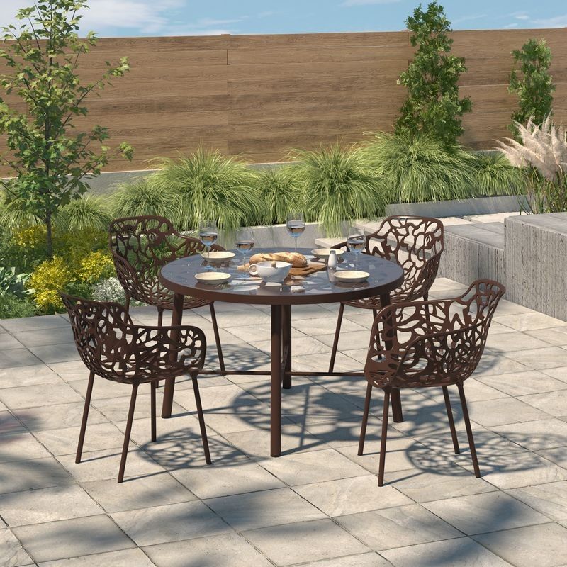 LeisureMod Devon Tree Design Glass Top Aluminum Base Indoor Outdoor Dining Table Brown with Background.