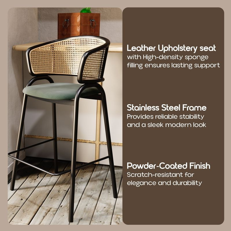 LeisureMod Ervilla Wicker Bar Stool with Fabric Seat and Black Steel Frame in Grey Leather Description.