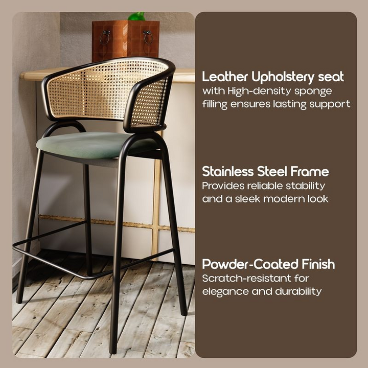 LeisureMod Ervilla Wicker Bar Stool with Fabric Seat and Black Steel Frame in Grey Leather Description.