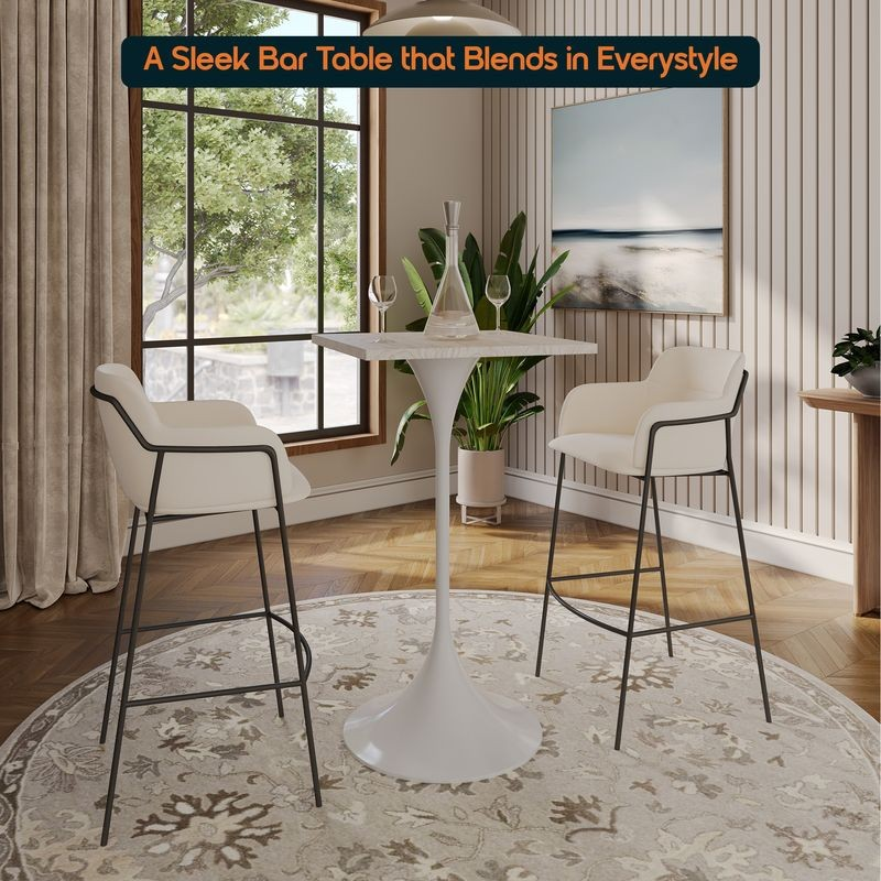 LeisureMod Verve Collection 24 Square Top Bar Height Table, White Base with Light Natural Wood MDF Top in Room.