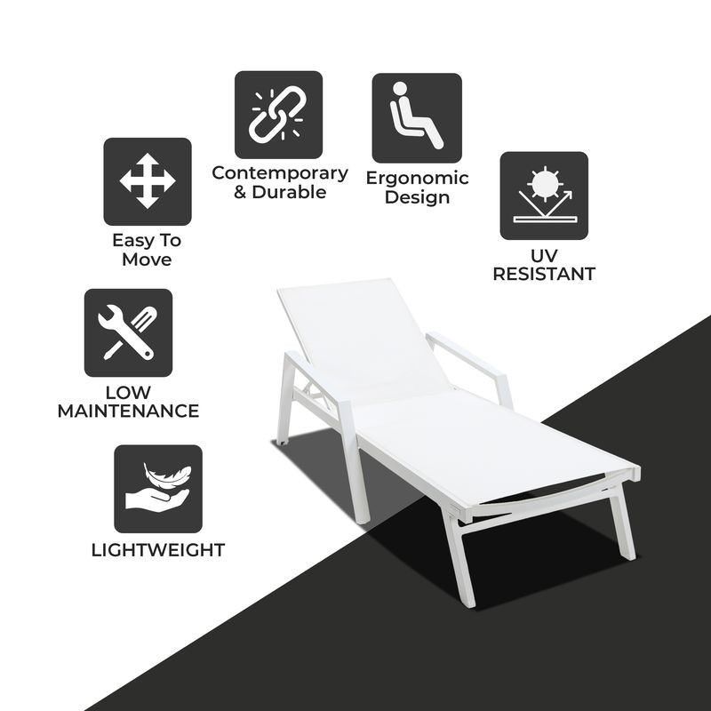 LeisureMod Marlin Patio Chaise Lounge Chair with Armrests in White Aluminum Frame White Descriptions.