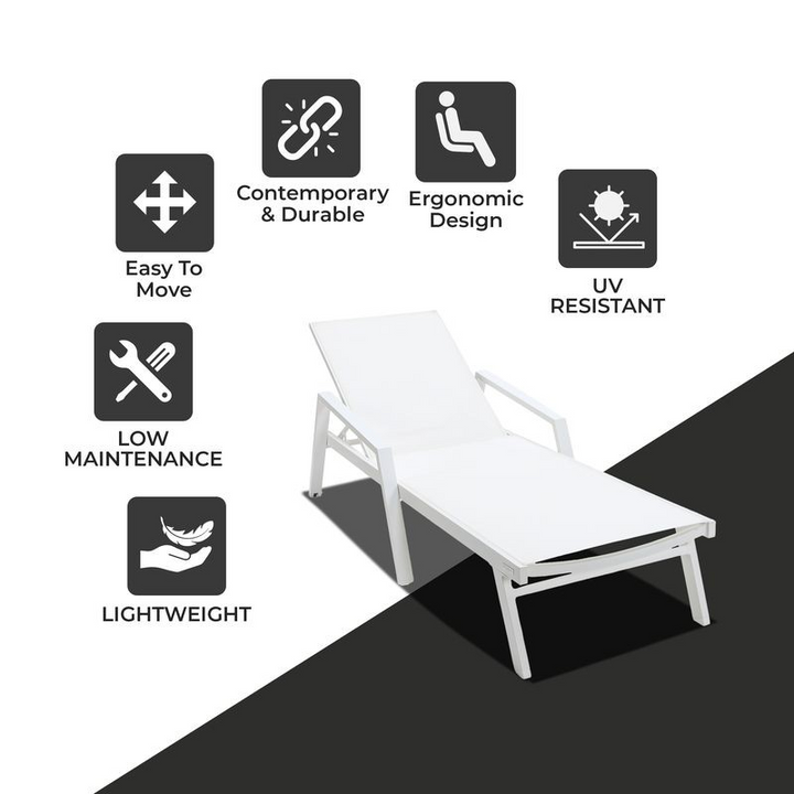 LeisureMod Marlin Patio Chaise Lounge Chair with Armrests in White Aluminum Frame White Descriptions.