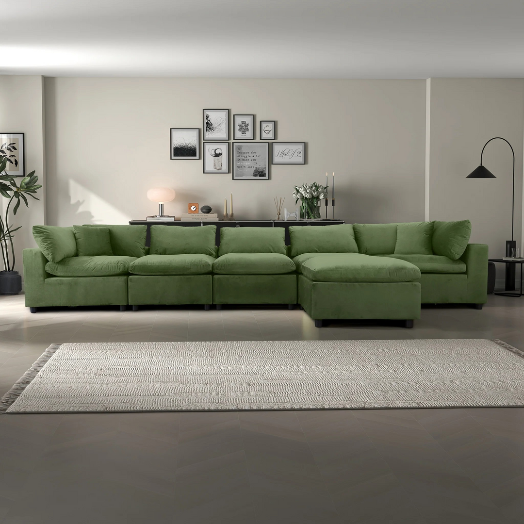 Hayward Olive Green Velvet Modular Sectional Sofa Front View.