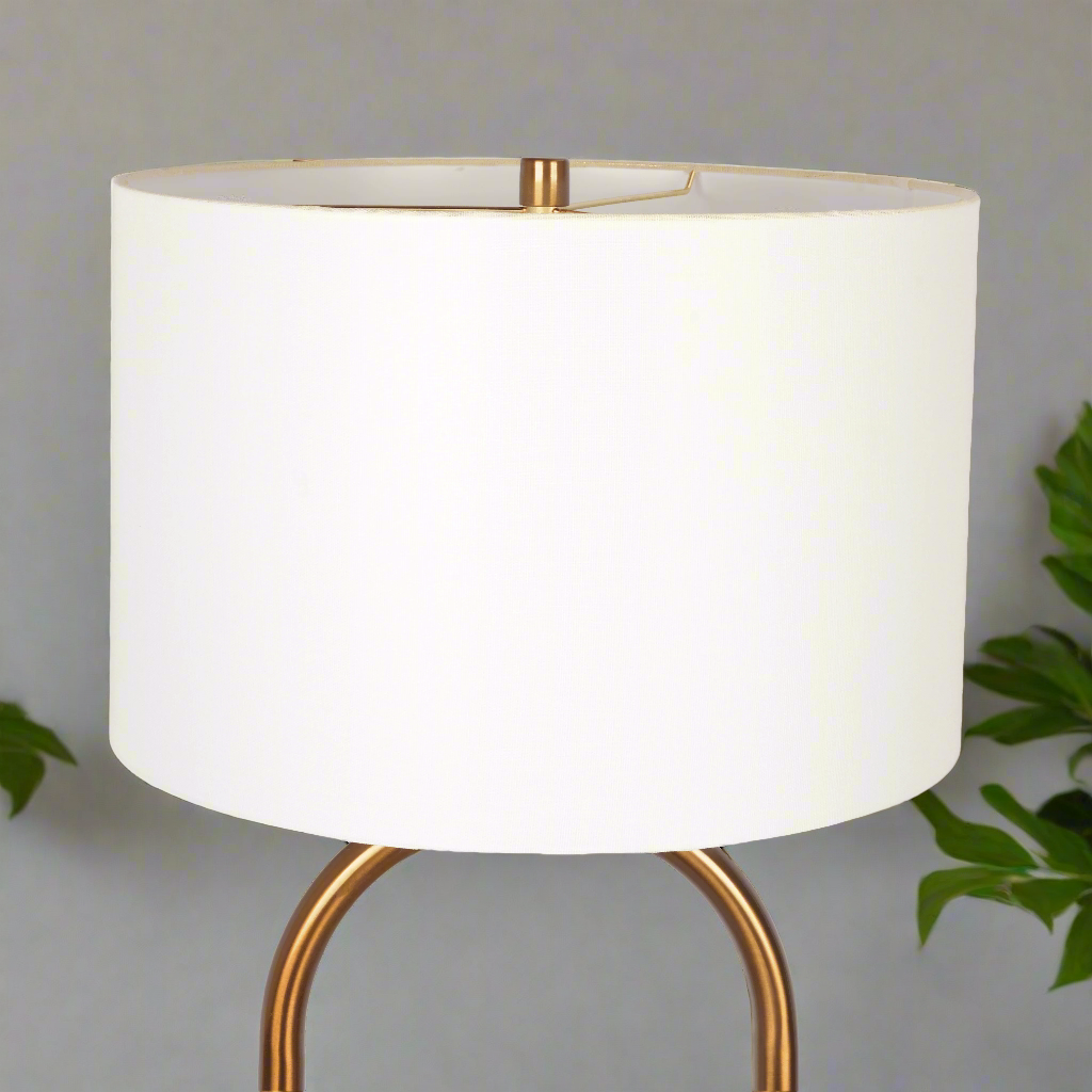 Vivid Brass Ring Base Floor Lamp with Large White Drum Shade Closeup.