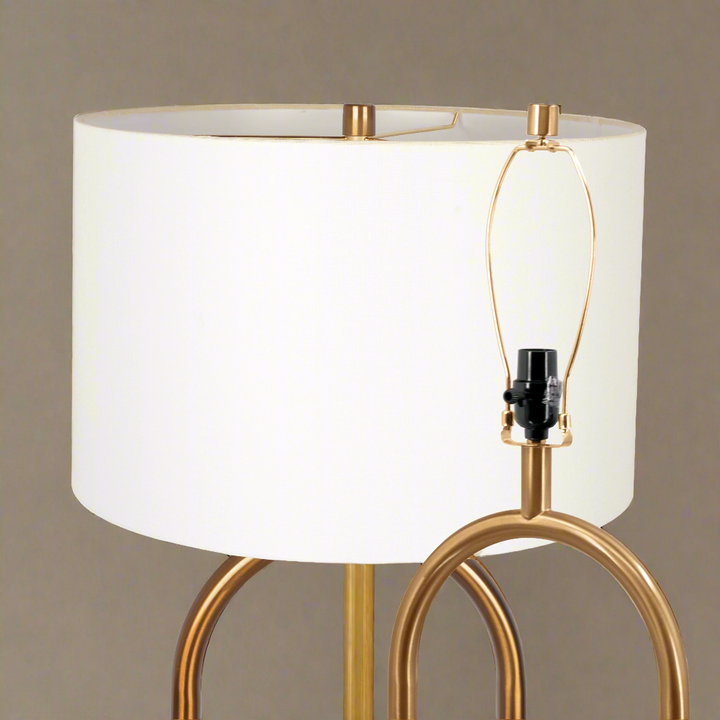 Vivid Brass Ring Base Floor Lamp with Large White Drum Shade Pair.