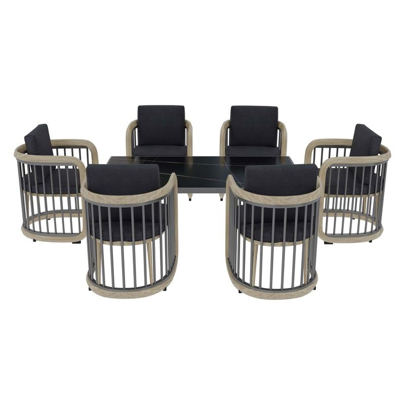 Outdoor furniture set with round table and chairs on a white background.