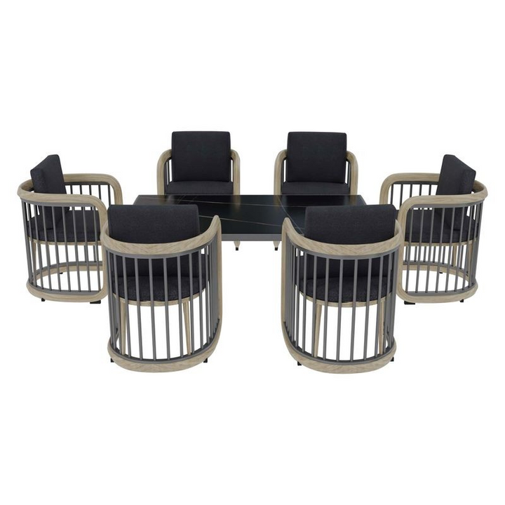 Outdoor furniture set with round table and chairs on a white background.