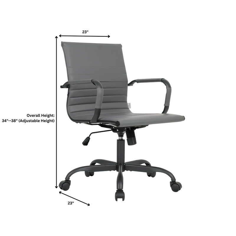 Gray office chair with dimensions on a white background.