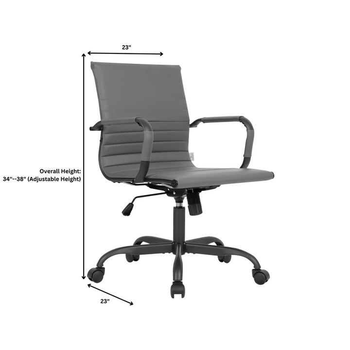 Gray office chair with dimensions on a white background.