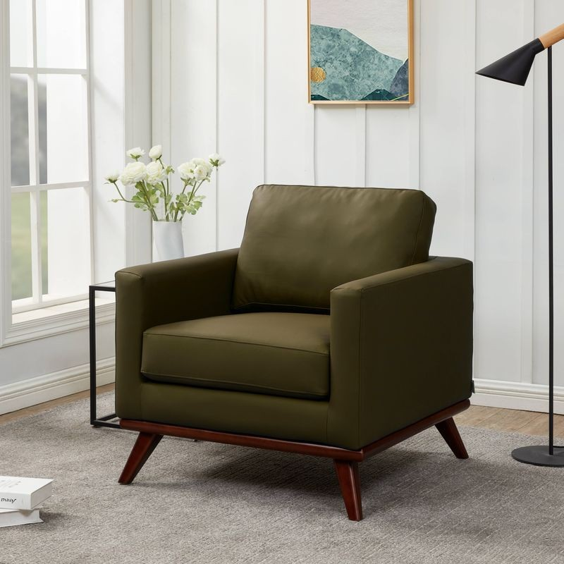 LeisureMod Chester Modern Faux Leather Accent Armchair in Green Leather with Background.