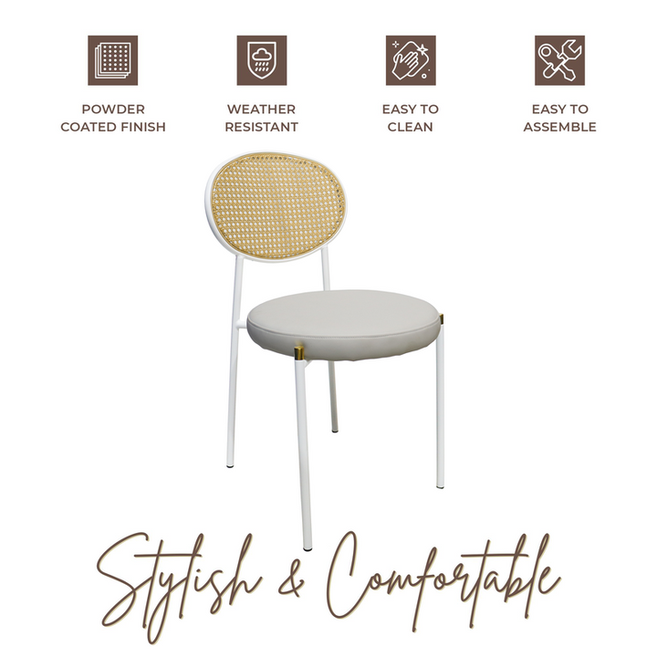 Chair with rattan backrest and white seat, featuring icons and text about product features on a white background.