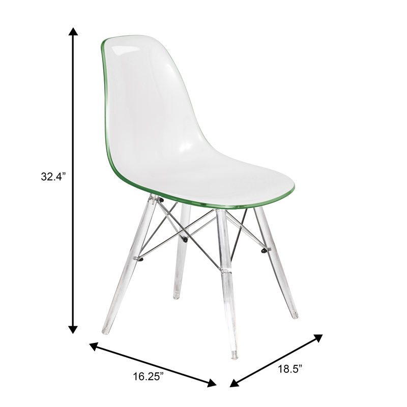 LeisureMod Dover Molded Side Chair with Acrylic Base in White Green Dimensions.