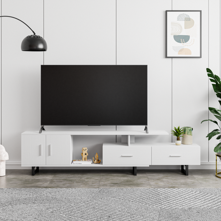 LeisureMod Avery Mid-Century Modern TV Stand with MDF Cabinet and Powder Coated Steel Legs White