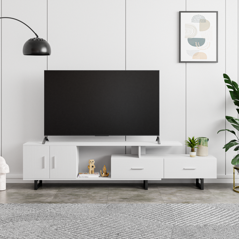 LeisureMod Avery Mid-Century Modern TV Stand with MDF Cabinet and Powder Coated Steel Legs White