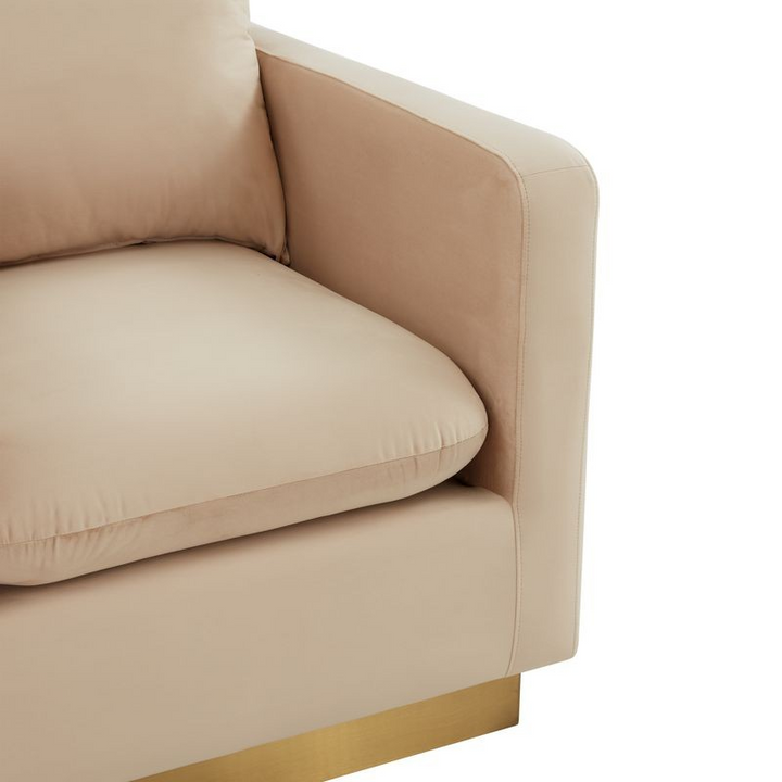 LeisureMod Nervo Velvet Accent Armchair with Gold Frame Beige Zoomed In.