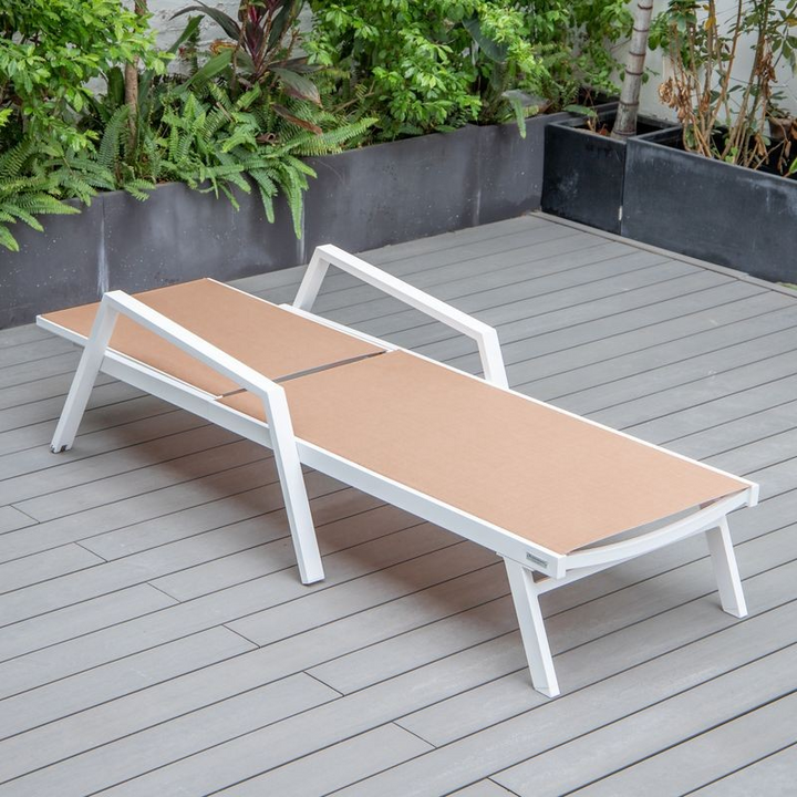 LeisureMod Marlin Patio Chaise Lounge Chair with Armrests in White Aluminum Frame Light Brown Flat View.