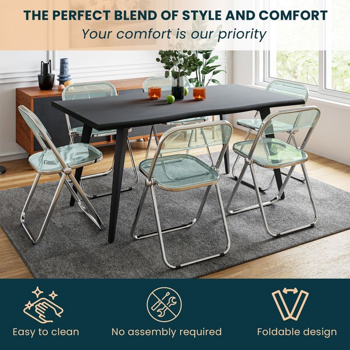 LeisureMod Lawrence Acrylic Folding Chair with Metal Frame at Table.