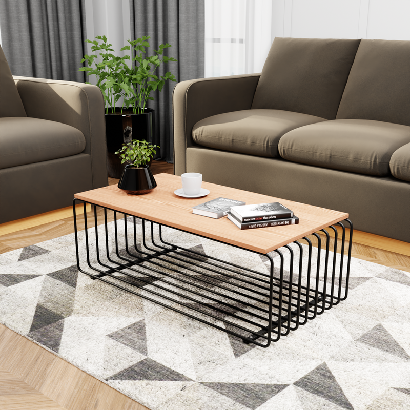 LeisureMod Walden Rectangular Coffee Table with Ash Veneer Top and Powder Coated Steel Frame in Black