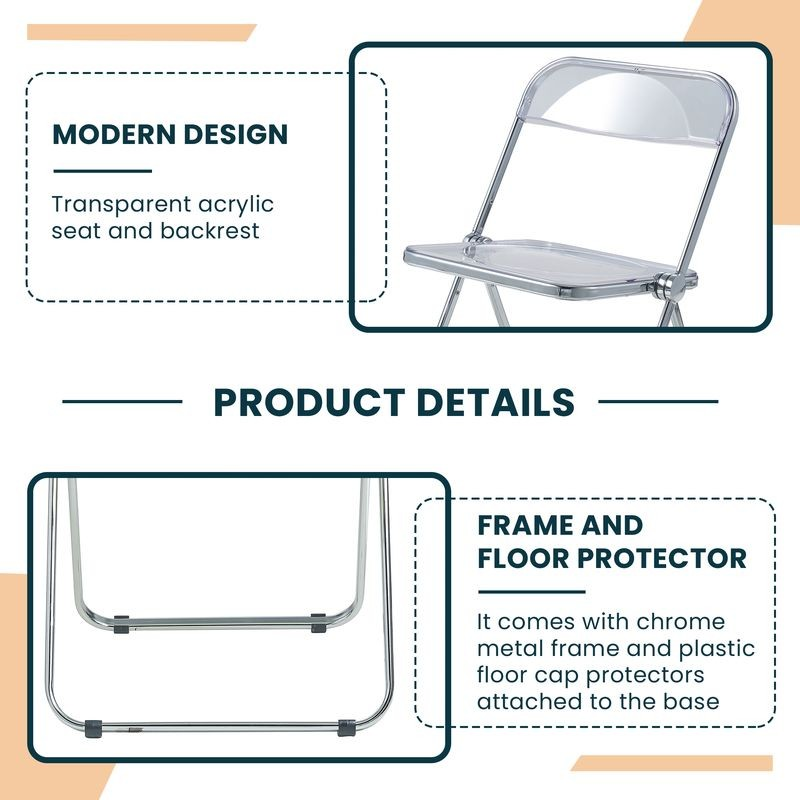 Product details of a modern folding chair with transparent acrylic seat and backrest, chrome metal frame, and plastic floor cap protectors.
