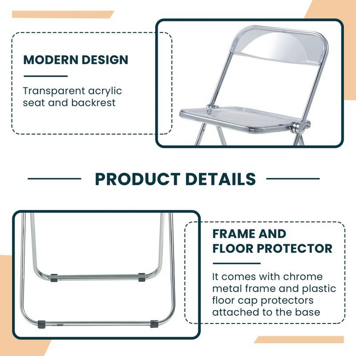 Product details of a modern folding chair with transparent acrylic seat and backrest, chrome metal frame, and plastic floor cap protectors.