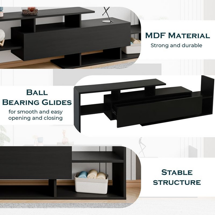 LeisureMod Surrey Modern TV Stand with MDF Shelves and Bookcase in Ebony Details.