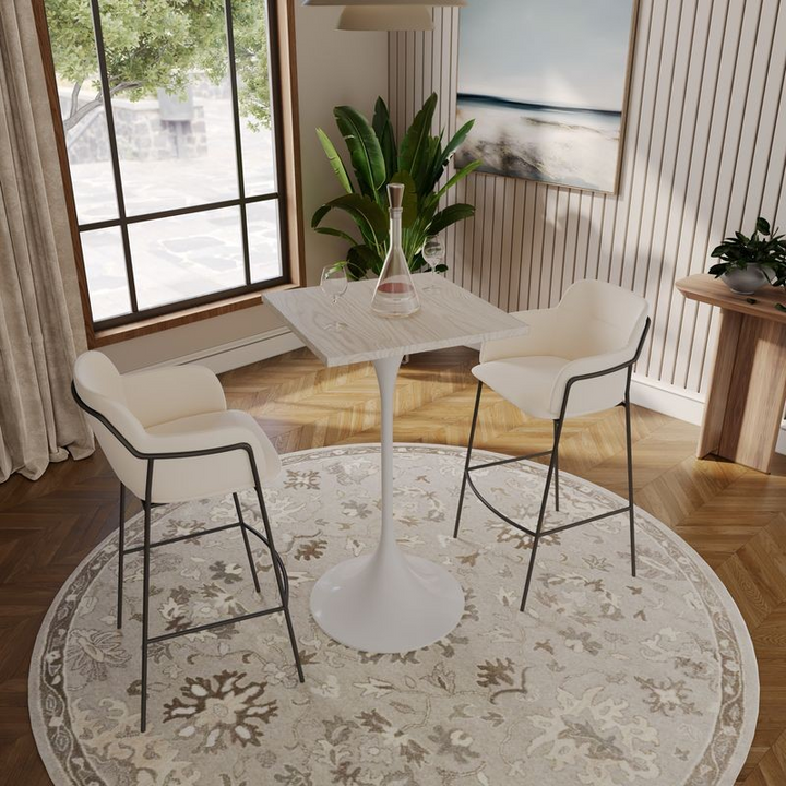 LeisureMod Verve Collection 24 Square Top Bar Height Table, White Base with Light Natural Wood MDF Top with Chairs.