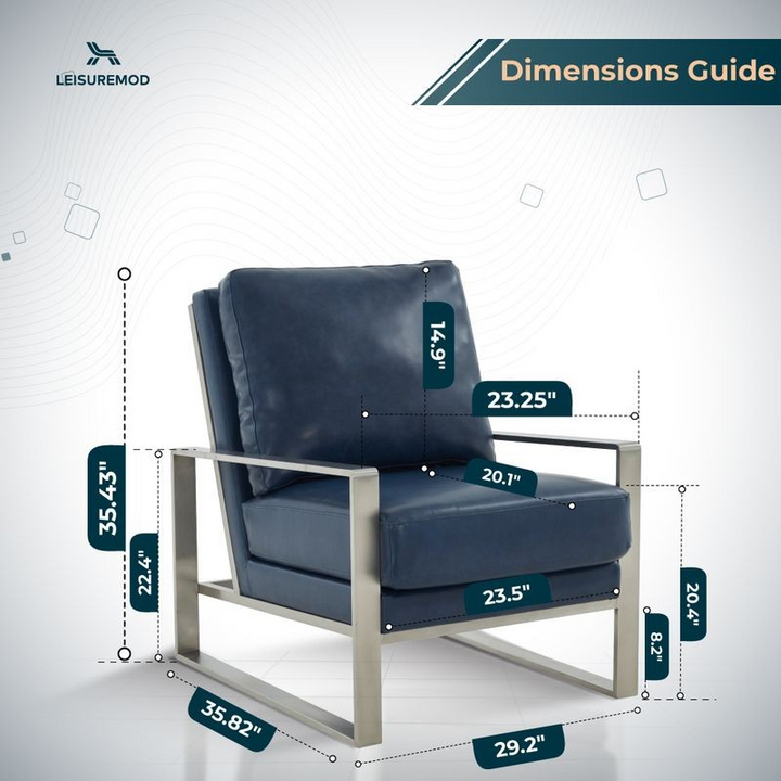 LeisureMod Jefferson Faux Leather Modern Design Accent Armchair with Elegant Silver Frame Navy Blue Dimensions.