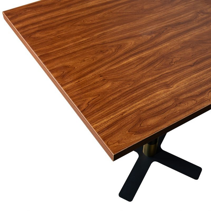 LeisureMod Vail Collection Dining Table Black/Gold X Base With 24" Square Cognac Brown MDF Top Closeup.
