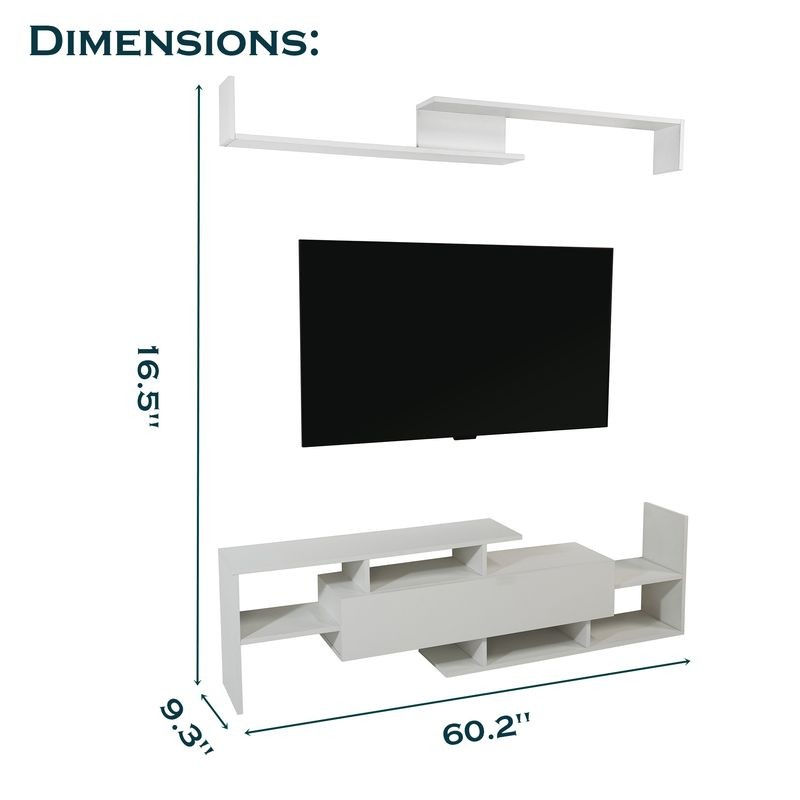 LeisureMod Surrey Modern TV Stand with MDF Shelves and Bookcase in White Dimensions.
