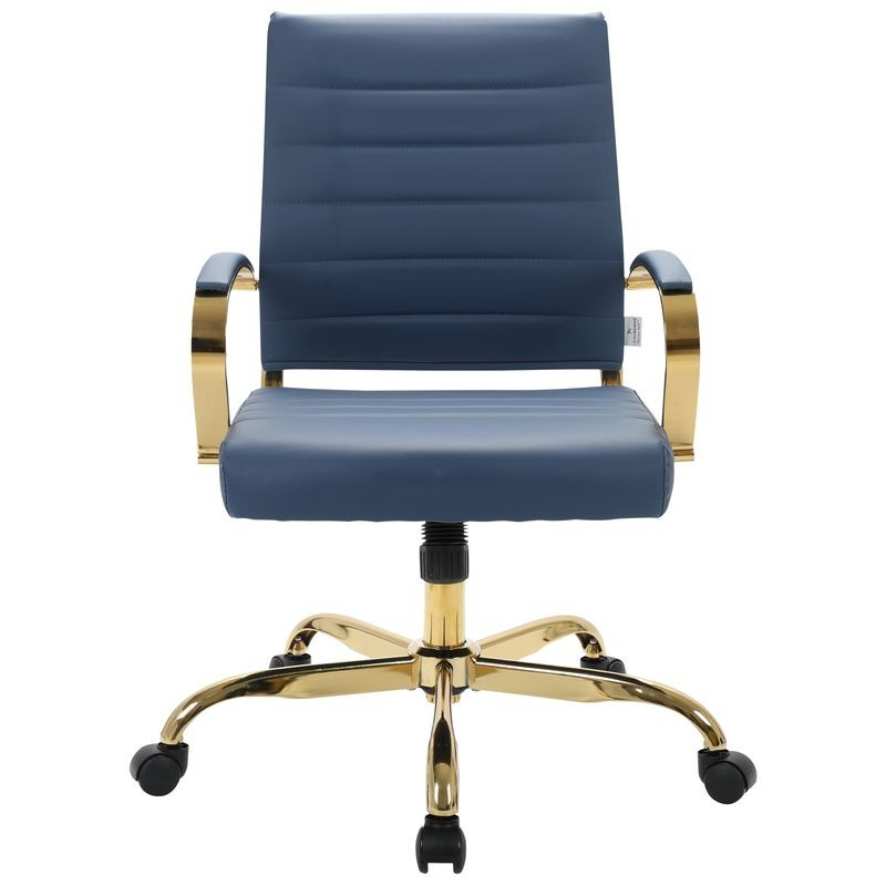 LeisureMod Benmar Home Leather Office Chair with Gold Frame Navy Blue Front View.