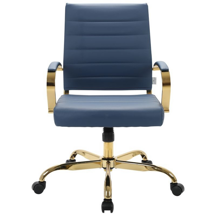LeisureMod Benmar Home Leather Office Chair with Gold Frame Navy Blue Front View.