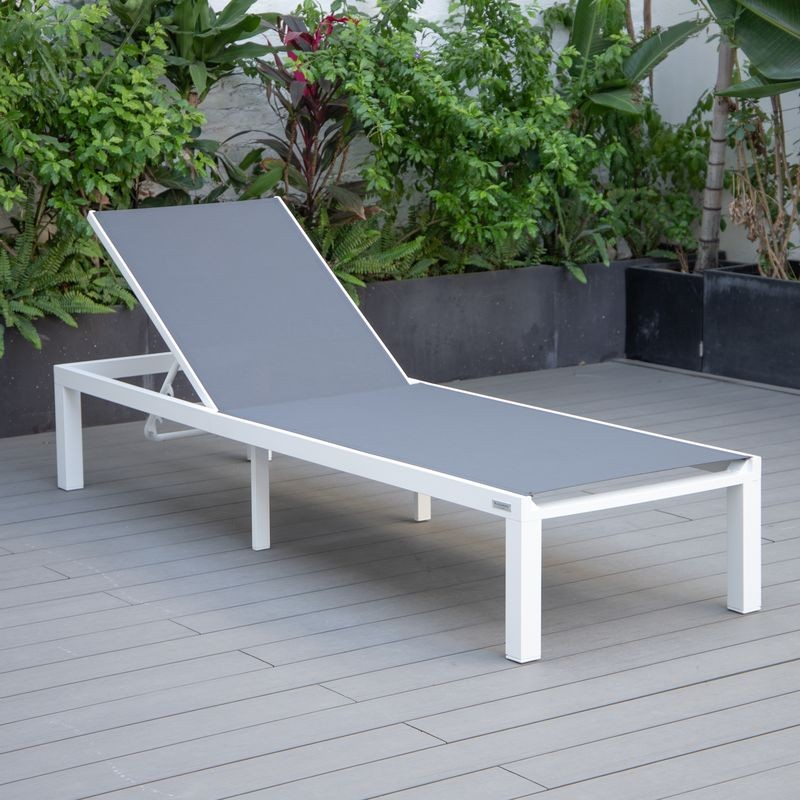 LeisureMod Marlin Modern Aluminum Outdoor Patio Chaise Lounge Chair Set of 2 with Square Fire Pit Side Table Perfect for Patio, Lawn, and Garden Dark Grey on Deck.