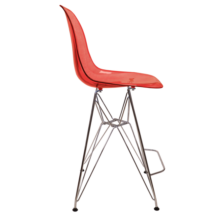 LeisureMod Cresco Modern Acrylic Barstool with Chrome Base and Footrest in Transparent Red Side View.