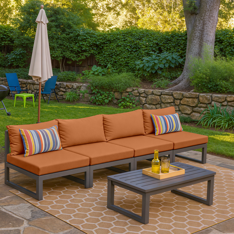 LeisureMod Chelsea 4-Piece Middle Patio Chairs Black Aluminum with Cushions Orange