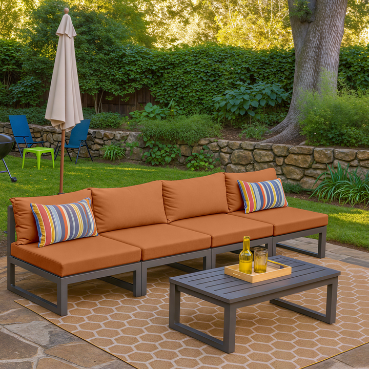 LeisureMod Chelsea 4-Piece Middle Patio Chairs Black Aluminum with Cushions Orange