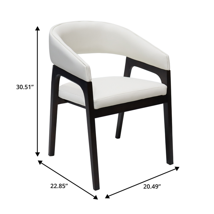 White chair with black legs and dimensions labeled on a white background.