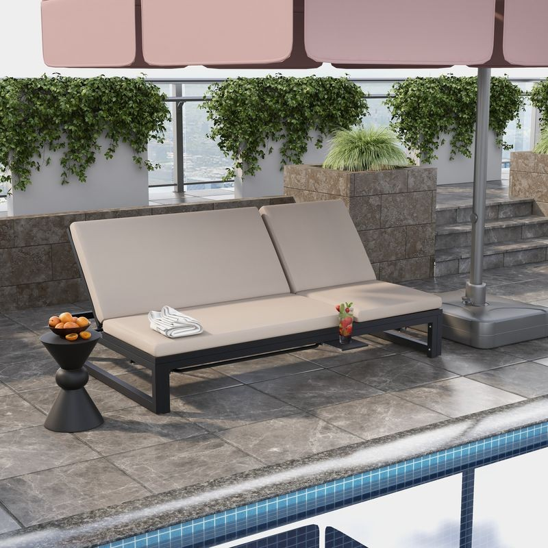 LeisureMod Chelsea Convertible Lounge Reclining Double Chaise with Cushions Beige Photos.