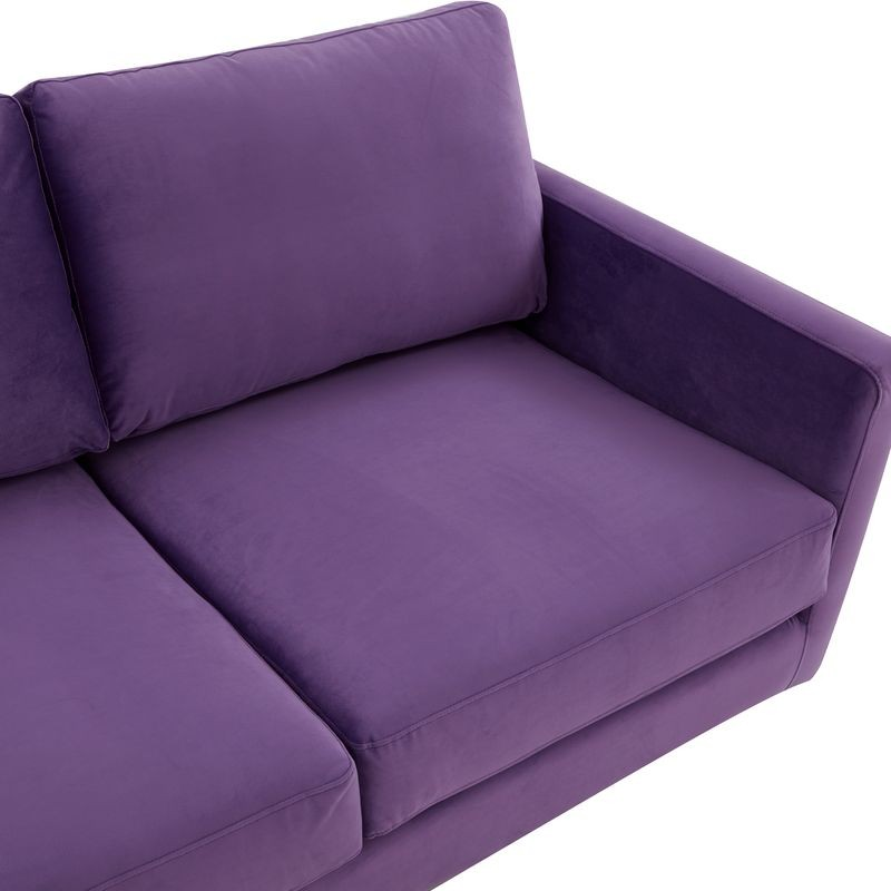 LeisureMod Lincoln Modern Mid-Century Upholstered Velvet Sofa with Gold Frame Purple Closeup.