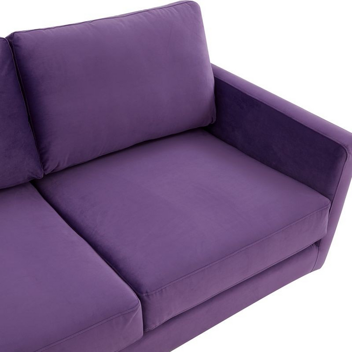 LeisureMod Lincoln Modern Mid-Century Upholstered Velvet Sofa with Gold Frame Purple Closeup.