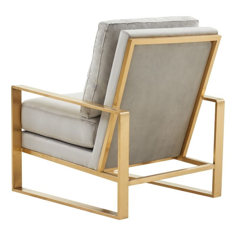 LeisureMod Jefferson Velvet Design Accent Armchair with Gold Brass Finish Frame Light Gray Back View