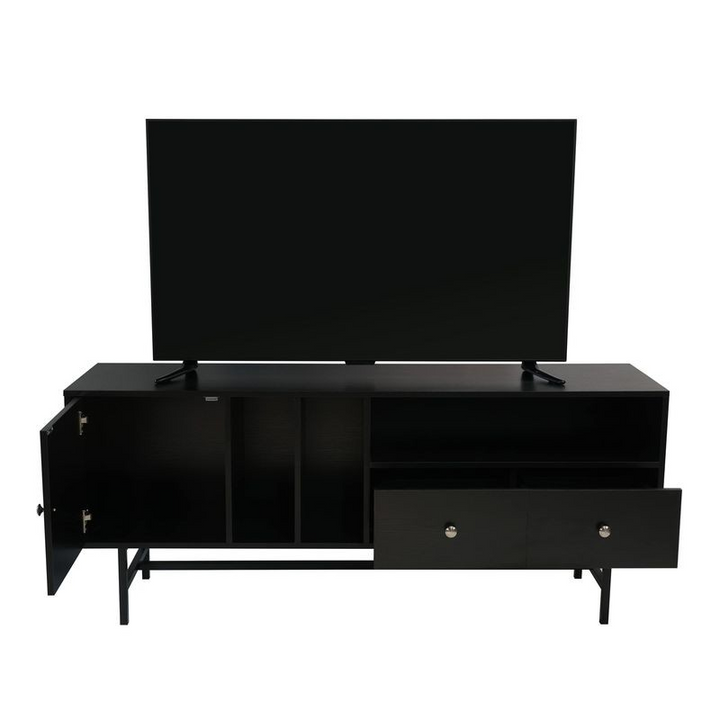 LeisureMod Rochester Modern Rectangular TV Stand with Enclosed Storage and Powder Coated Iron Legs Ebony Opened Drawers.
