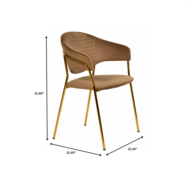 Beige chair with gold legs and dimensions on a white background.