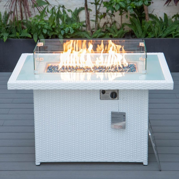 LeisureMod Mace Wicker Patio Modern Propane Fire Pit Table White