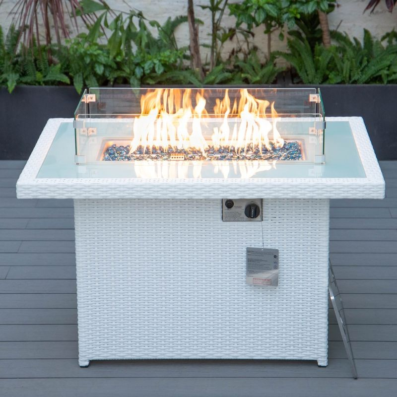 LeisureMod Mace Wicker Patio Modern Propane Fire Pit Table White