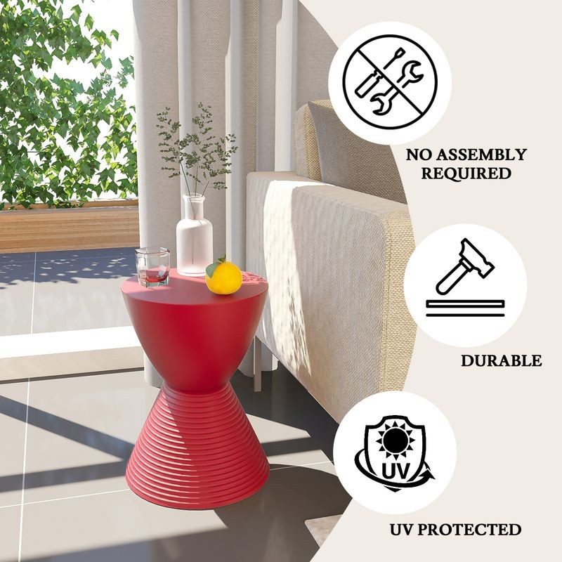 LeisureMod Modern Round Boyd Side Table Red by Couch.