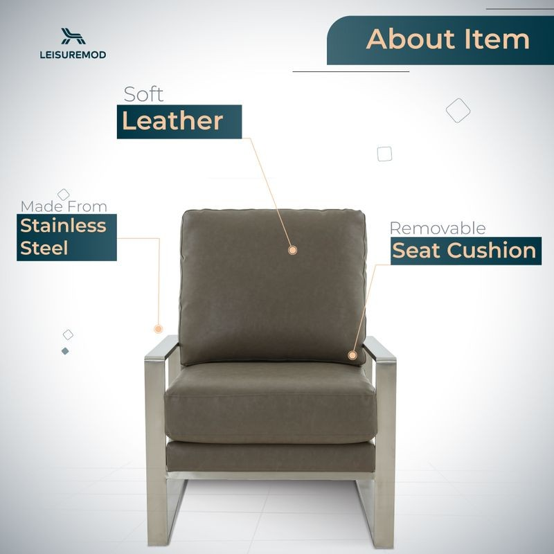 LeisureMod Jefferson Faux Leather Modern Design Accent Armchair with Elegant Silver Frame Grey Description.