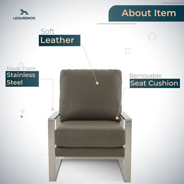 LeisureMod Jefferson Faux Leather Modern Design Accent Armchair with Elegant Silver Frame Grey Description.