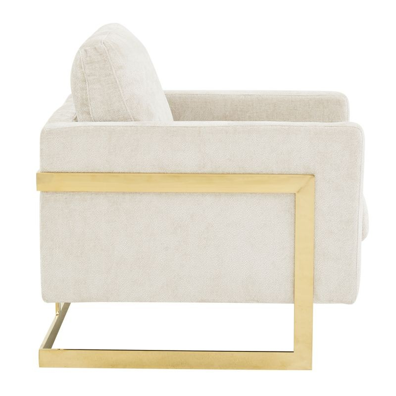 LeisureMod Lincoln Boucle Fabric Accent Armchair with Gold Stainless Steel Frame and Removable Back Cushion in Grey Side View