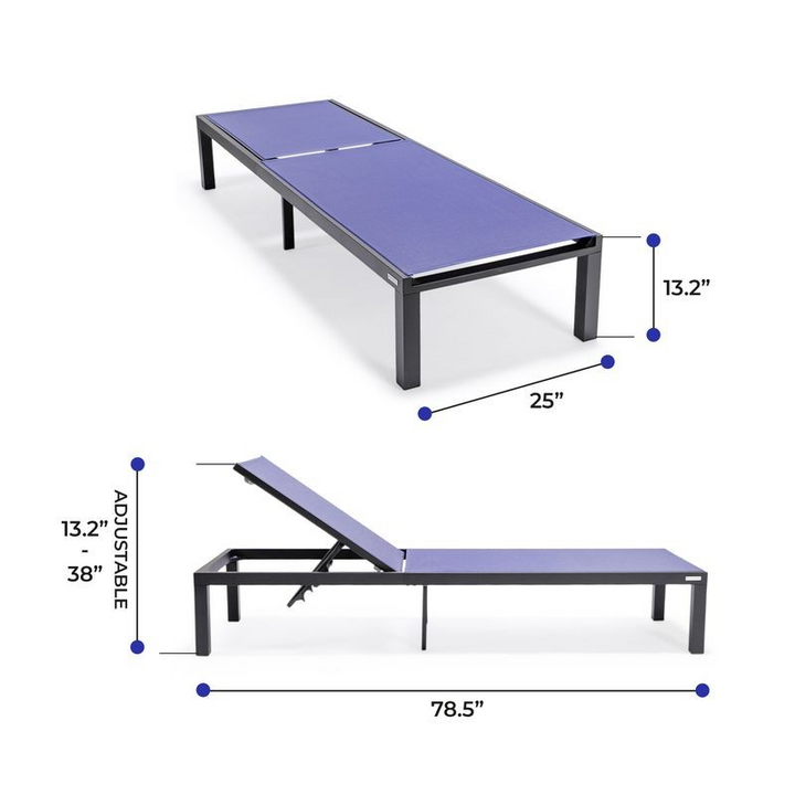 LeisureMod Marlin Patio Chaise Lounge Chair with Black Aluminum Frame Navy Blue Dimensions.